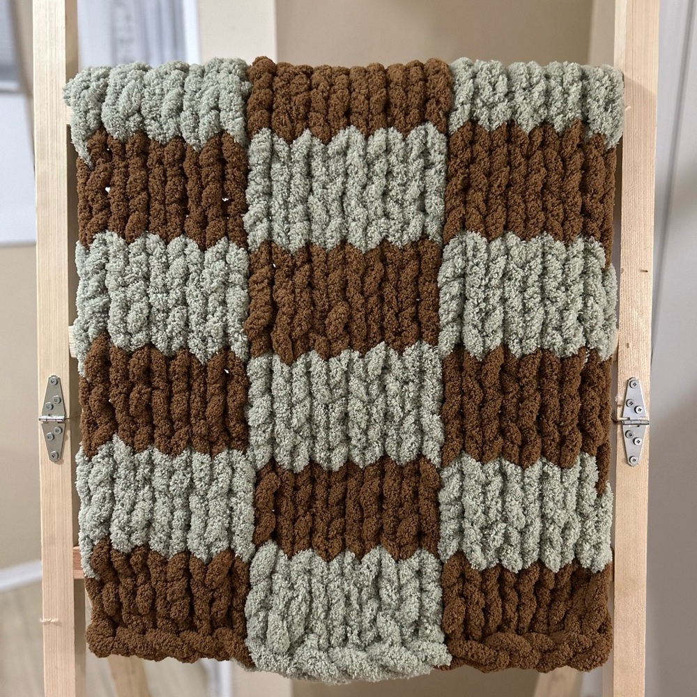 Chunky Hand-Knit Brown and Green Baby Blanket